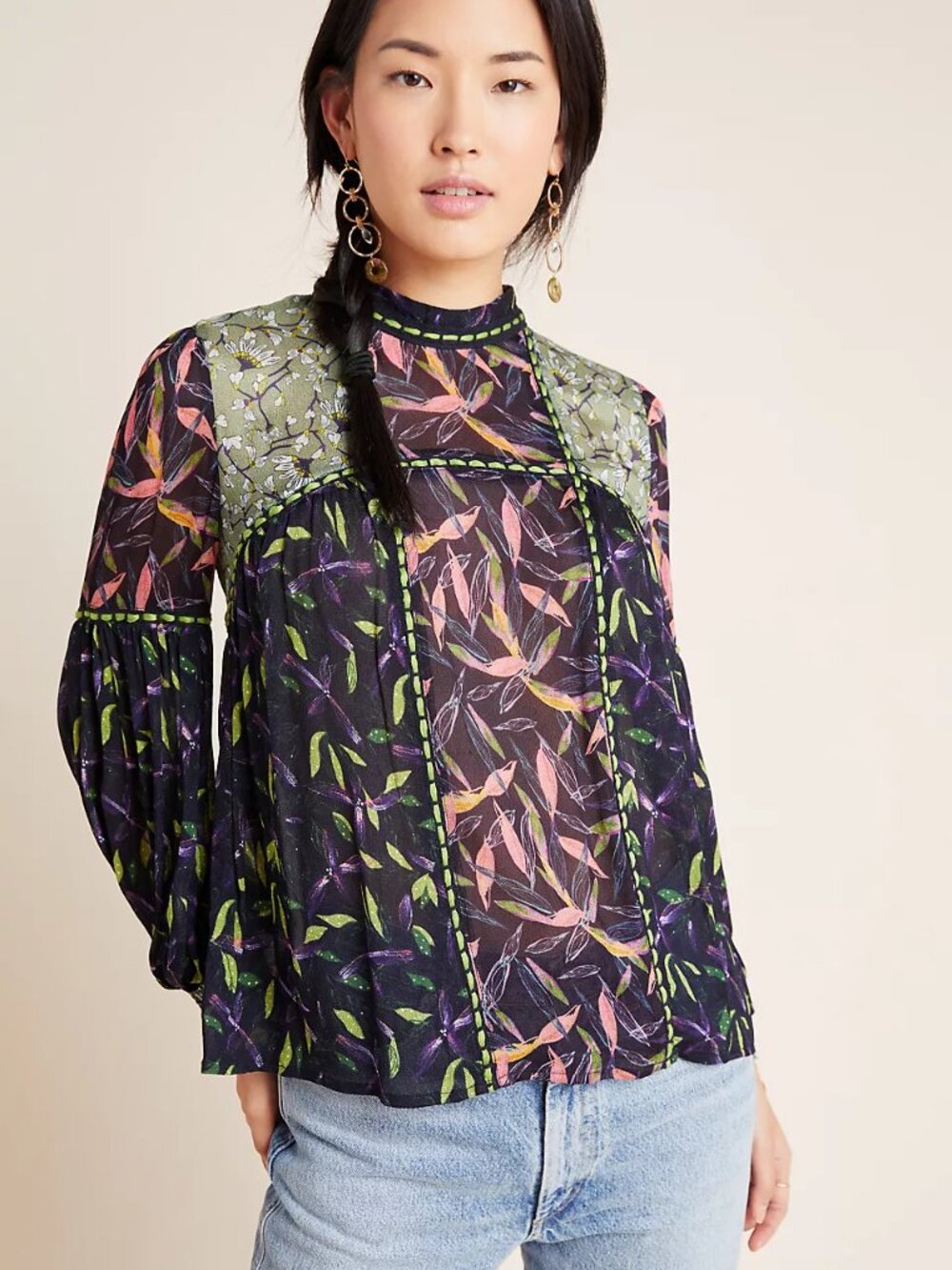 Anthropologie Ellena Blouse Sheer Viscose Puff Sleeve High Neck Size M